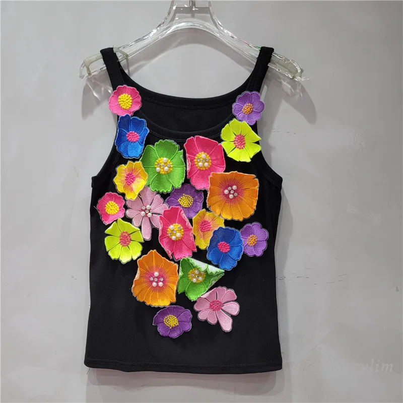 

European Style Exquisite Rhinestone 3D Cute Flower Tank for Women 2024 Summer New Sleeveless Beaded Flowers Top Vacation Cloth