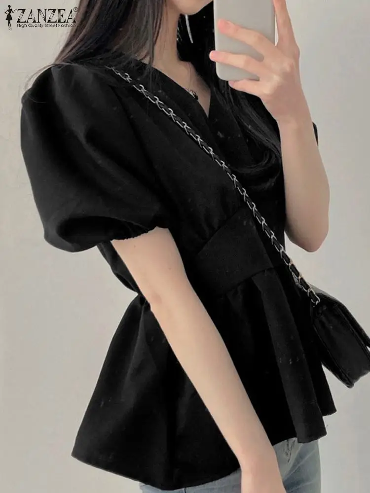 

ZANZEA Korean Solid Waist Blusas Elegant Women Blouse Casual V-neck Shirt 2024 Summer Puff Short Sleeve Tunic Office A-line Tops