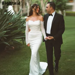 Eightale Mermaid Wedding Dresses Strapless Customized Long Sleeves Lace Mermaid Pleats Arabic Bridal Gown Vestidos De Novia