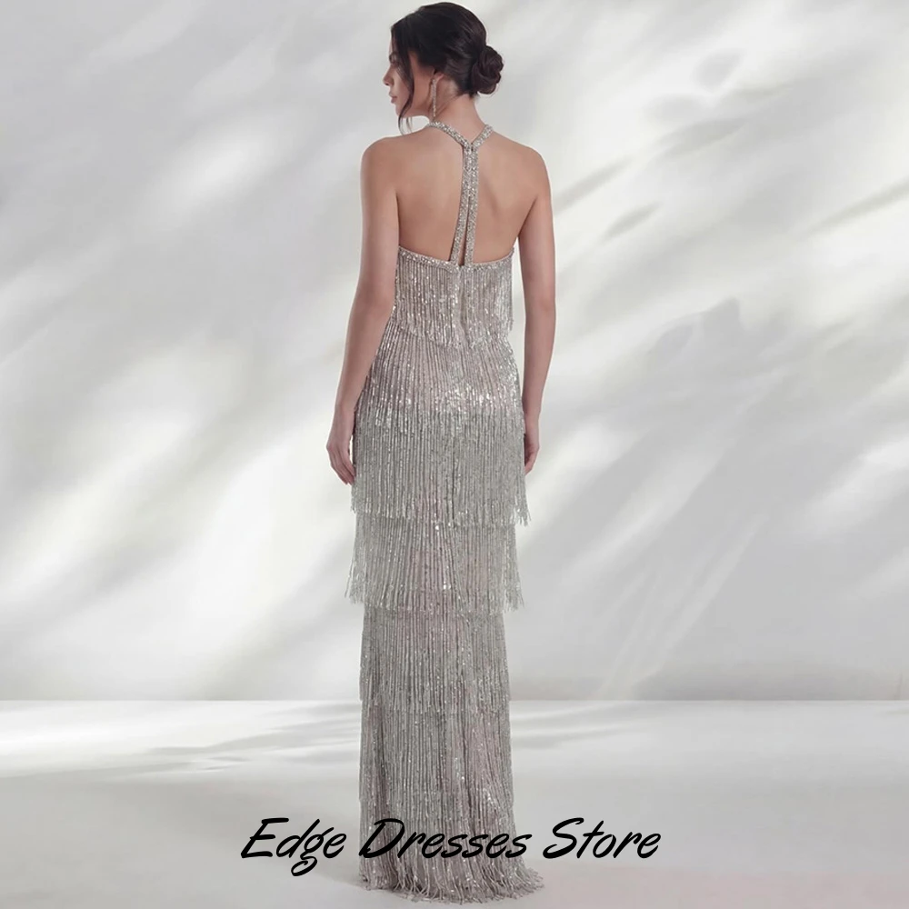 Fashion Customized Halter Evening Dress Elegant Straight Sleeveless Celebrity Gown with Tassel Charming Crystal Vestido De Noche