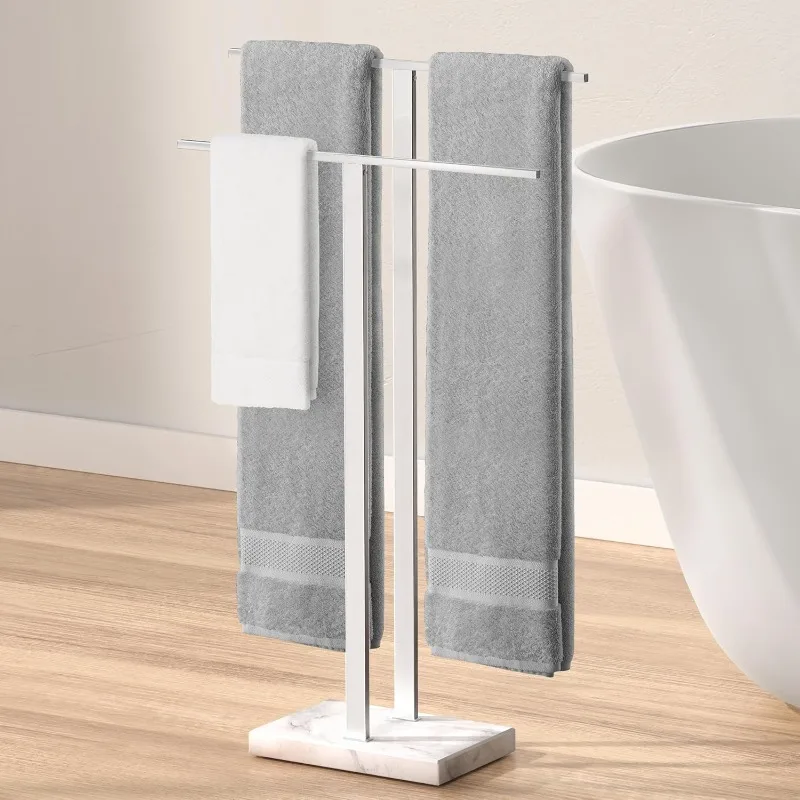 Standing Towel Rack for Bathroom with Marble Base, 2-Tier Towel Rack Stand for Floor, SUS304 Stainless Steel Polished Finish