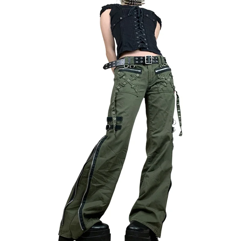 

Women Casual Cargo Pants Goth Punk Military Green Baggy Pants High Waist Wide Leg Trousers Grunge Clothes Y2k Streetwear