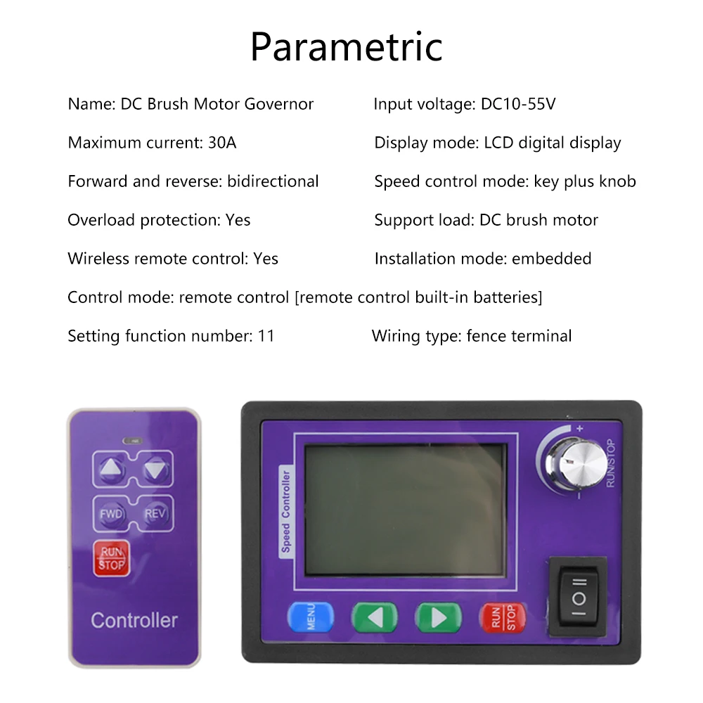 DC 10-55V 30A DC Brushed Motor Governor  PWM 0~100% Adjustable Forward/reverse Rotation With Remote Control
