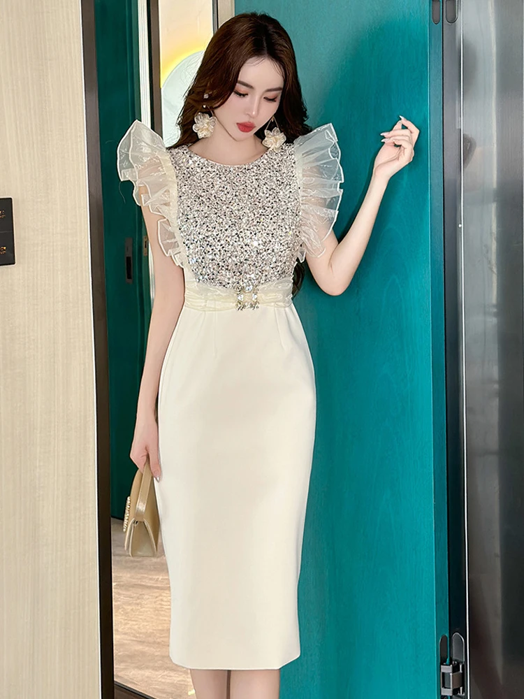 Moda verão elegante luxo brilhante lantejoulas vestido de noite roupas femininas manga voadora magro cintura alta midi festa baile vestidos