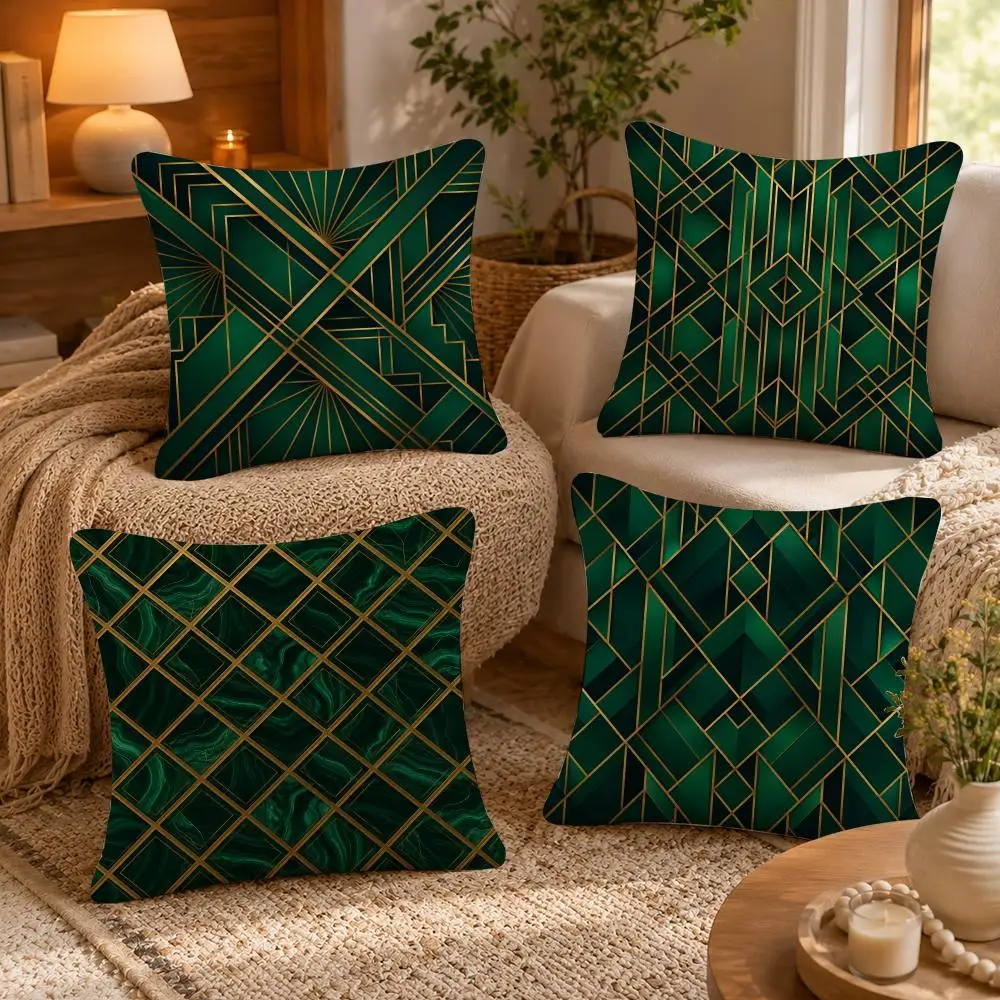 Dark Green Geometric Pattern Cushion Cover Soft Short Plush Pillow Case Double Sided Print Washable Sofa Bed Home Decor Gift