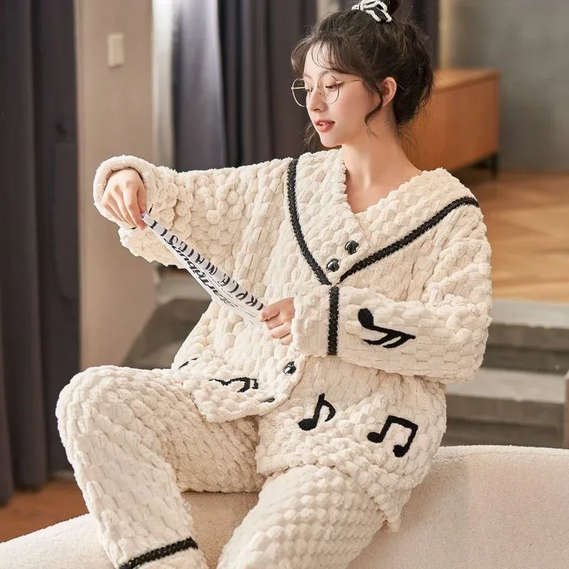 2024 New Coral Velvet Pajamas Women Winter Loungewear Plush and Thick Sleepwear Flannel V-neck Loose Doll Collar Homewear Set