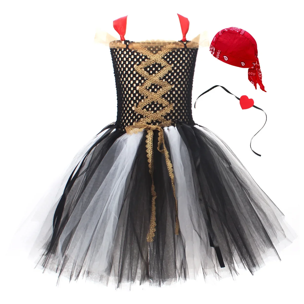 Girls Pirate Princess Tutu Dress Sling Corset Bodice Black White Tulle Skirt  Eye Patch For Halloween Cosplay Party Outfit view 3