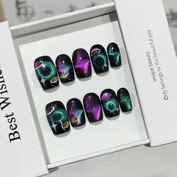 10pcs Black Cute Cat Handmade Press on Nails Crystal Cat Eye False Nail Glitter Glossy Fake Nails Short Square Acrylic Nails Art