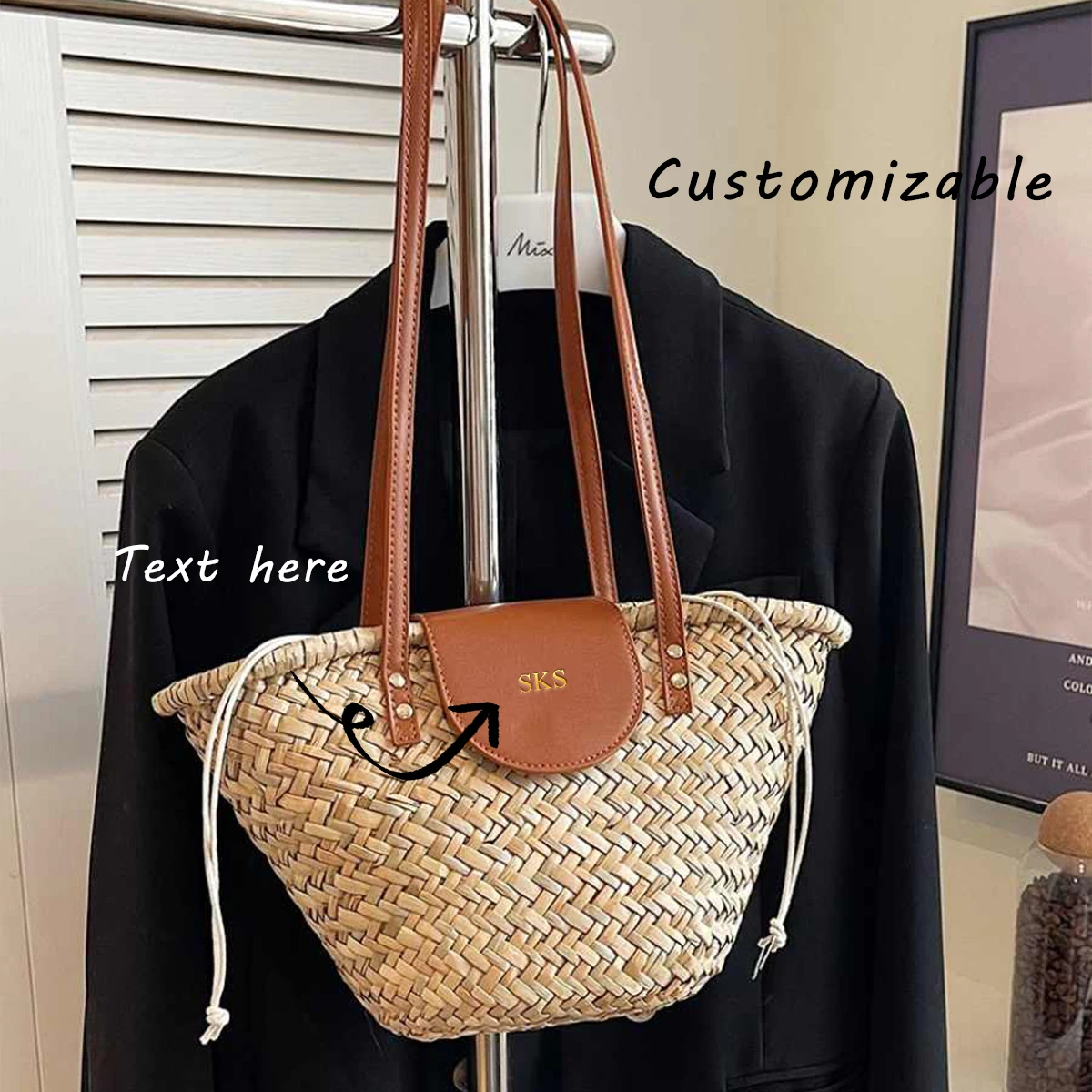 Customized Name Single-Shoulder Bag, PU Stitched Woven Bag, Beach Bag for Ladies in Spring and Summer, Rattan Bag