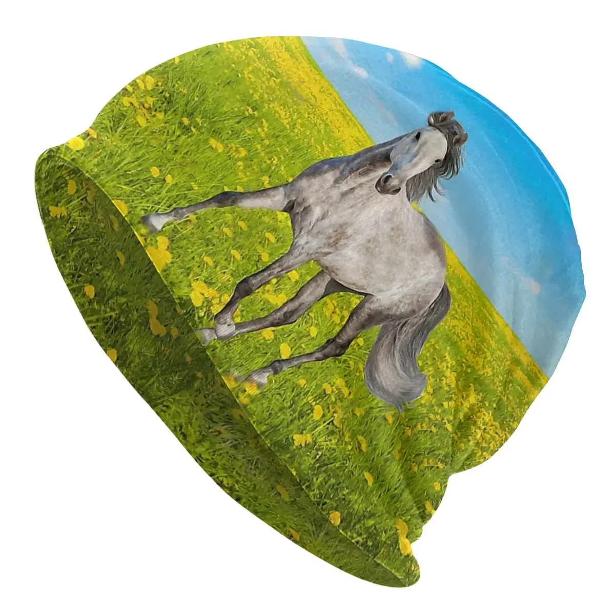 Dapple Gray Horse In Spring Field Galloping  Run Quickly Autumn Female Thin Beanies Casual Unisex Skullies Bonnet Hats