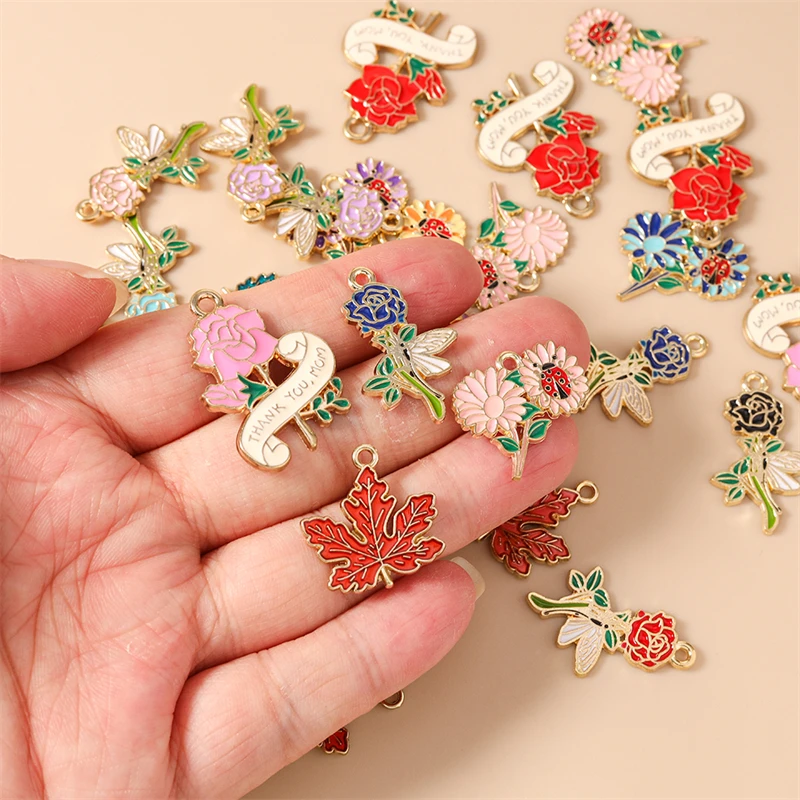 20 Stück Niedliche Bunte Emaille-Pflanzen- und Blumenanhänger für Schmuckherstellung, Halsketten, Ohrringe, Armbänder, DIY-Bastelzubehör – Detail 2