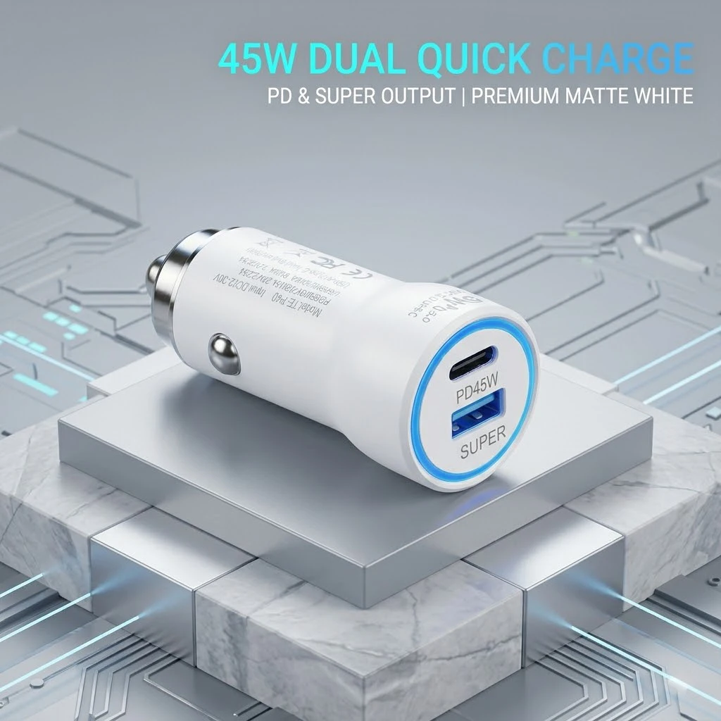 Fast Car Charger 45W PD And 30W QC3.0 Dual Port USB C Auto Adapter Intelligent Recognition For Cell Phones And Tablets