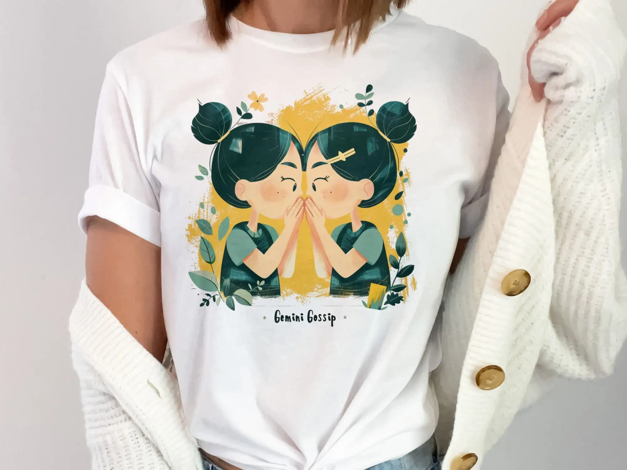 Cute Gemini Gossip Twins Illustration Fun Zodiac Sign Art For Lovers Unique T Shirt Design Adorable Twin Characters