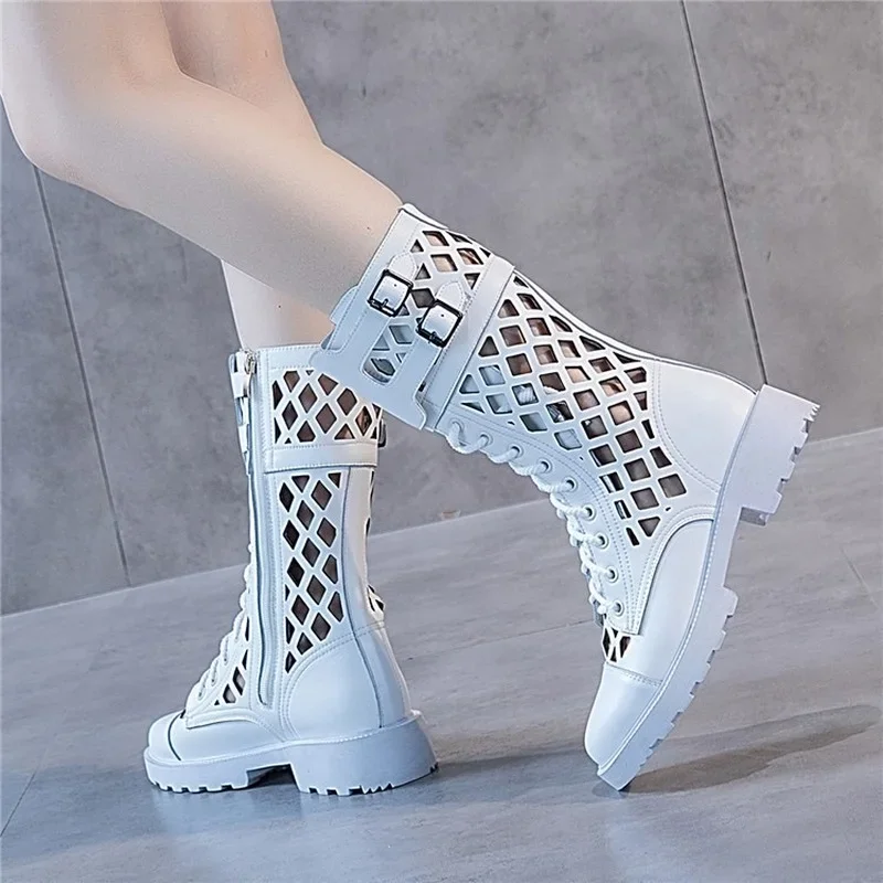 Comemore 2024 Spring Summer New Mid-heel Sandals Women Zip Up Large Size 42 Women\'s Shoes Hollow Luxury Black White Mesh Boots