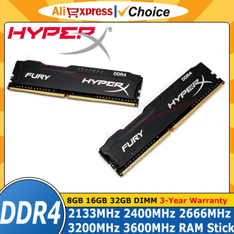 HyperX Fury 8GB 16GB 32GB DDR4 3600MHz 3200MHz 2666MHz 2400MHz 2133MHz DRAM DIMM 288Pin 16GB 8GB 3200MHz For Desktop Computer