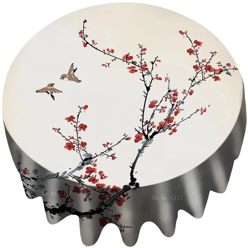 Ink Style Flying Saucer And Plum Bird Japanese Cherry Blossom Tablecloth By Ho Me Lili For Tabletop Decor