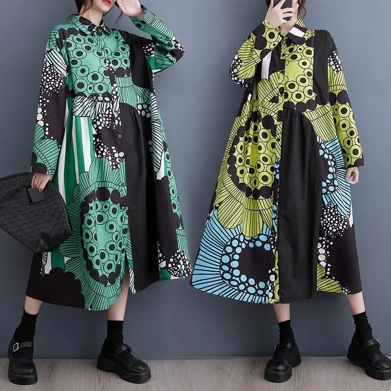 

2025 Spring Women's Oversized Shirt Dress Loose Print Spliced Long Art Vintage Dress Full Sleeve Casual Female Clothing Z2389