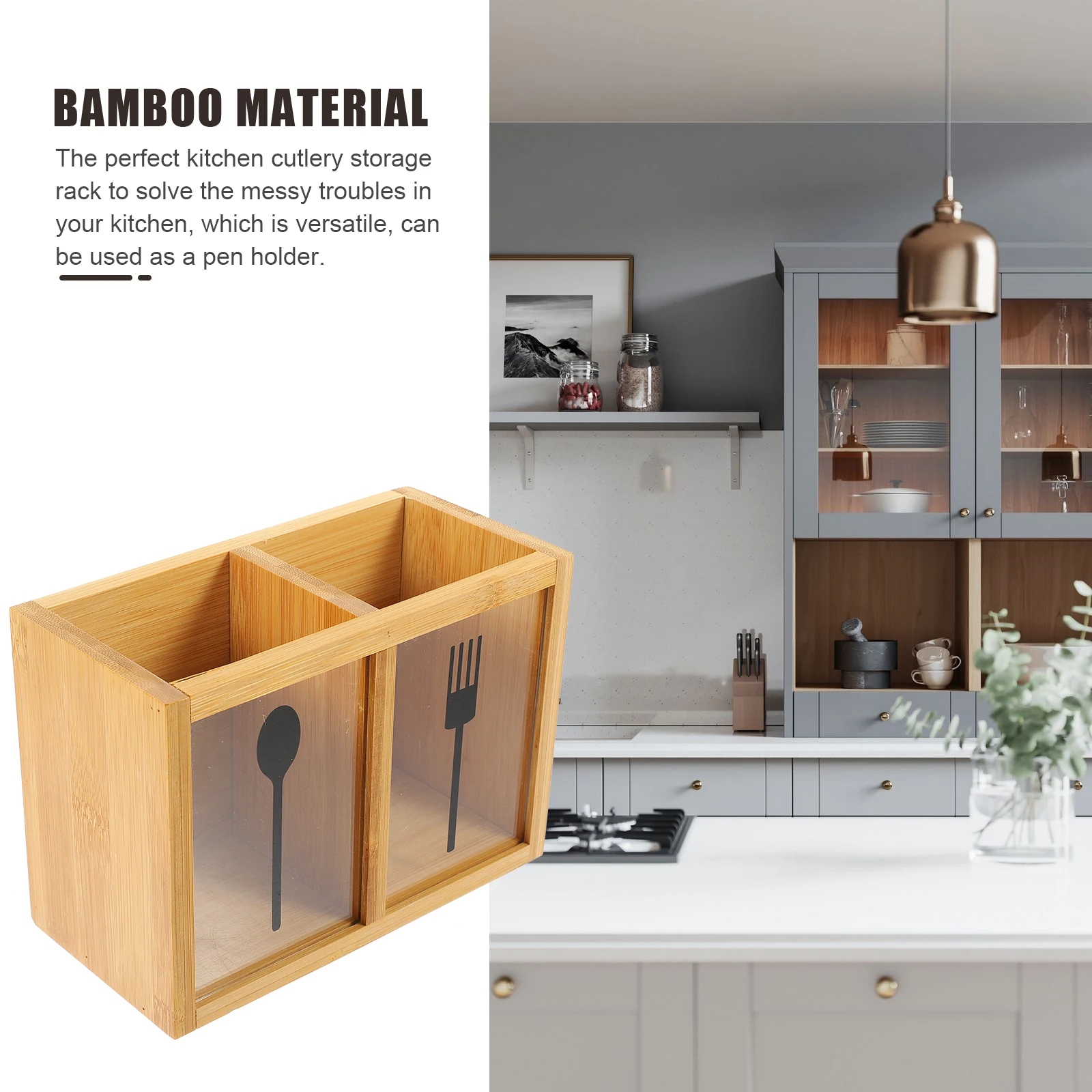 

Bamboo Large Kitchen Organizer Countertop Storage Rack Cutlery Container Clear Window Pen Holder For Kitchenware Dining Table