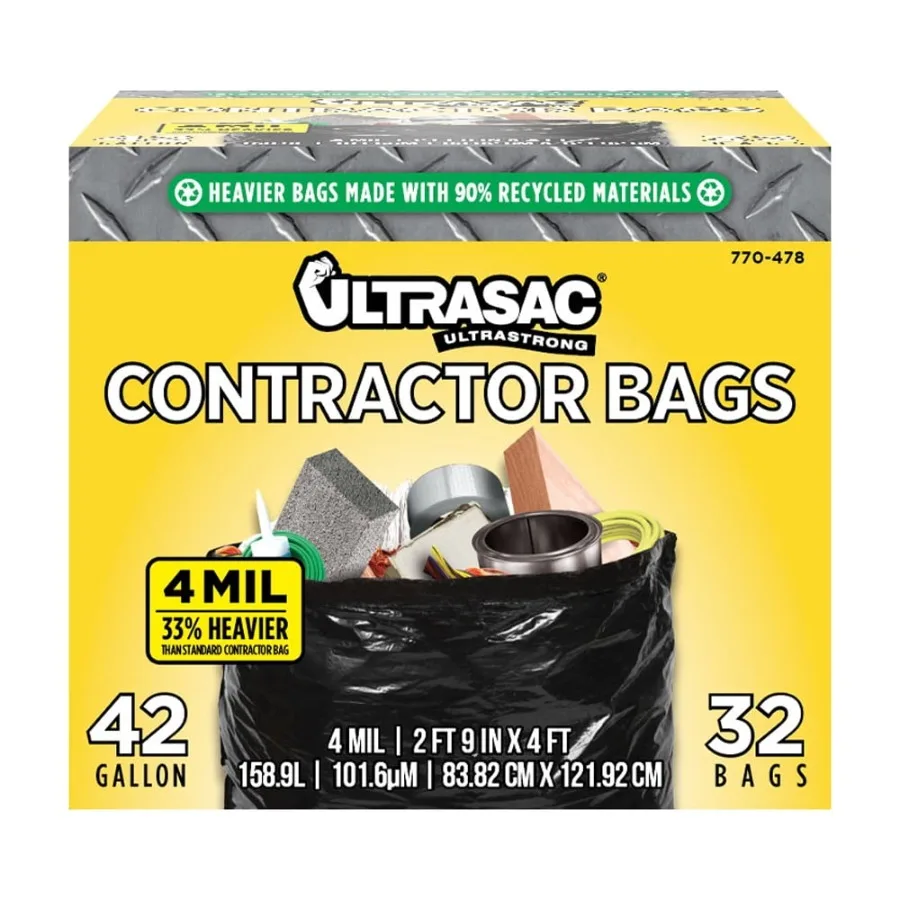 

Contractor Bags 4 Mil Heavy Duty 42 Gallon Black Trash Bags - 33 x 48 32 Count