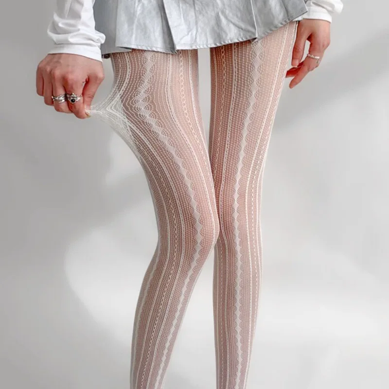 ผู้หญิงลูกไม้ Fishnet Pantyhose Lolita Hollowed Out Tights JK ญี่ปุ่นเซ็กซี่เรขาคณิตลายสุภาพสตรี Vintage Rhombus ลายแน่น