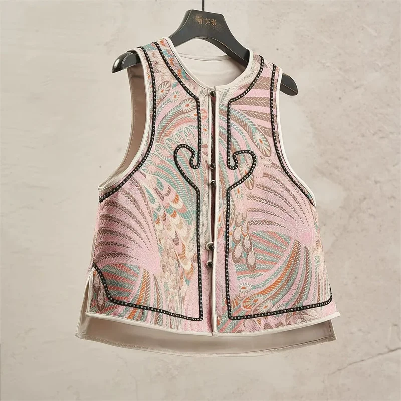 

New Women's Vests Chinese Fashion Single-breasted Loose Retro Embroidery Jacquard Sleeveless Vest Buckle Chinese Style Jacket