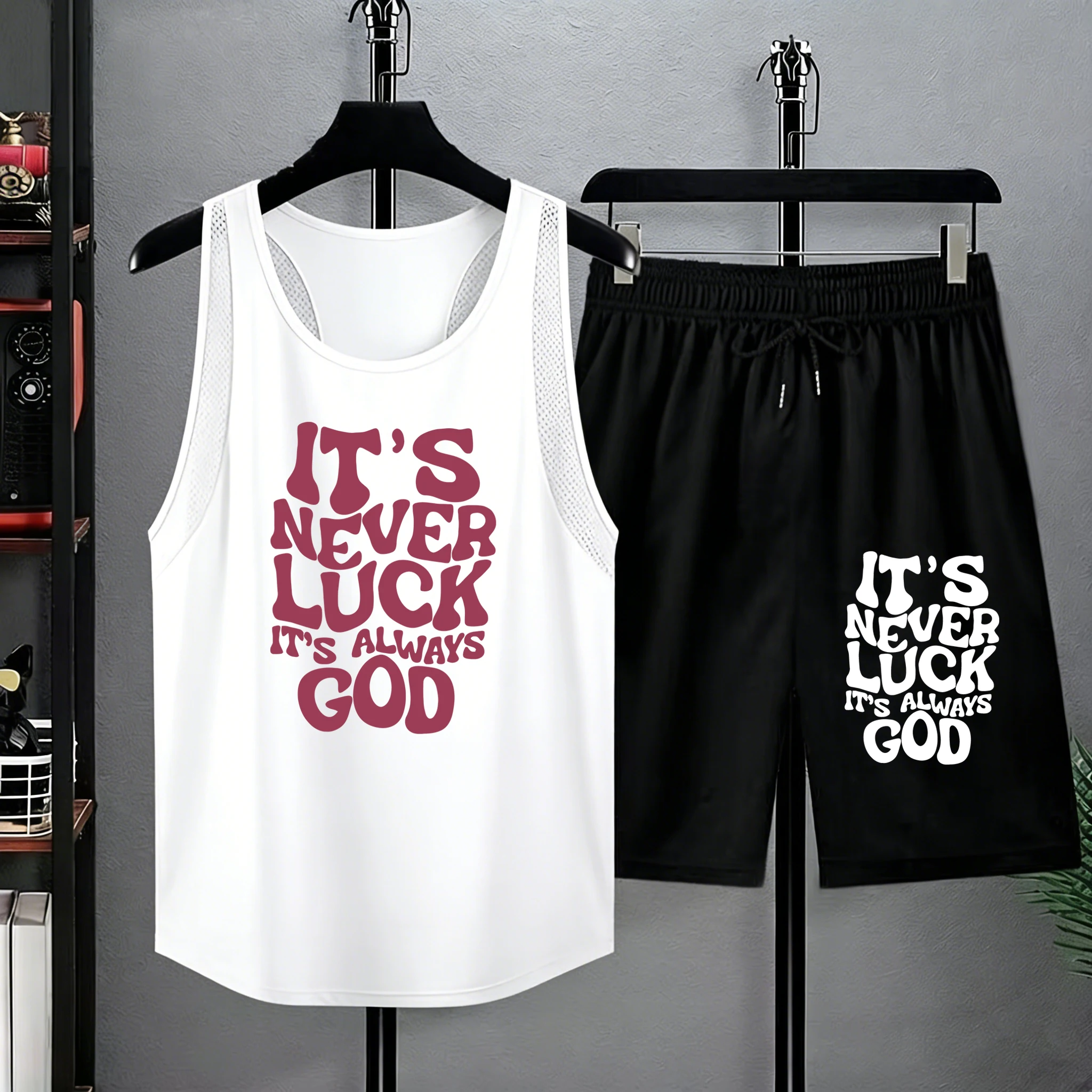 

It'S Never Luck It'S Always God Print Mens Summer Jogging Lightweight Tank Top Sets Loose Commute Short Pants Soft Basic Singlet