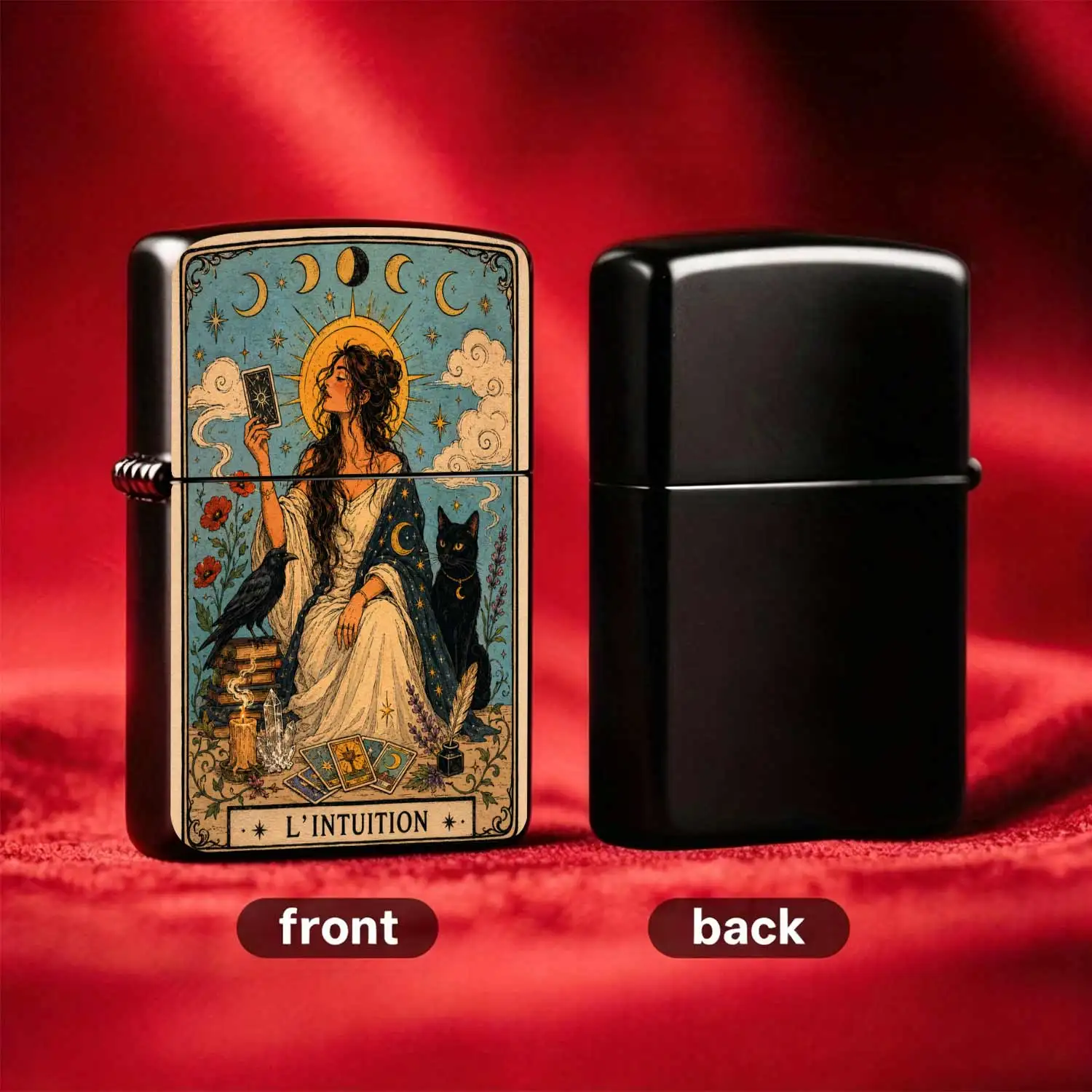 Flip-top Pocket Windproof Lighter, Retro Intuition Tarot Themed with Mysterious Moon Goddess CrowPattern, Portable Collectible, Ideal Gift for Fans of Occult and Vintage Aesthetics Humorous and Fun Lighter