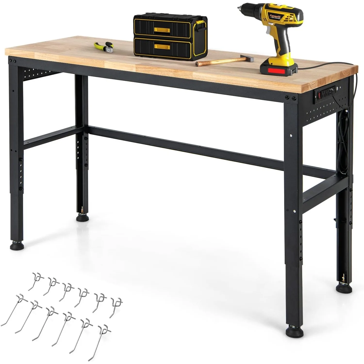 53’’ Adjustable Work Bench, 1760 LBS Heavy Duty Oak Wood Table Top Workstation w/Power Strip & 12 Hooks, 5 Different Height