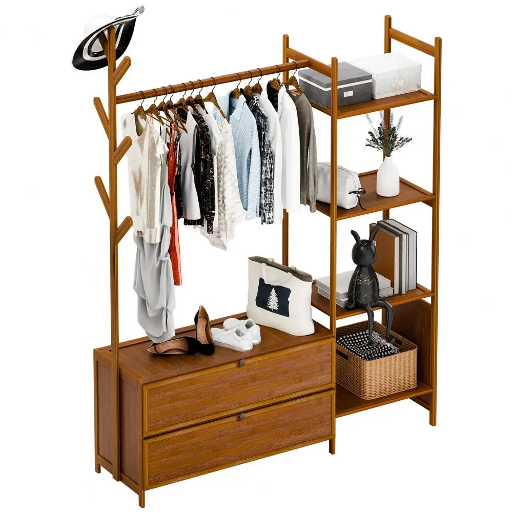 Hall Tree Garment Rack, Entryway Coat Rack with 4-Tier Shelves and 2 Shoes Cabinet, Freestanding Wardrobe Closet Clothing Rack