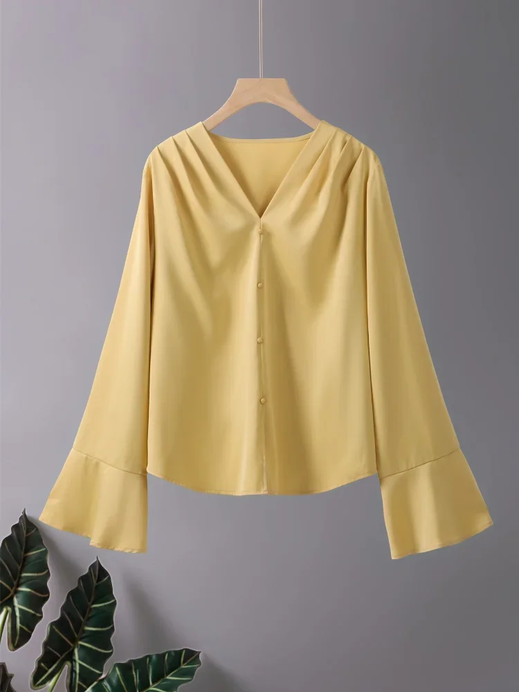 Women's Fashion Skin-friendly Shirt Blouse Breathable Long Sleeve V-neck Versatile Top Pure Color All-Matching Female Clothing