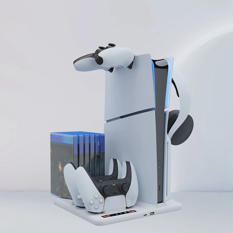 PS5 슬림 스탠드 베이스 및 냉각 선풍기 충전기, 컨트롤러 충전 스테이션 포함, 슬림 액세서리 독