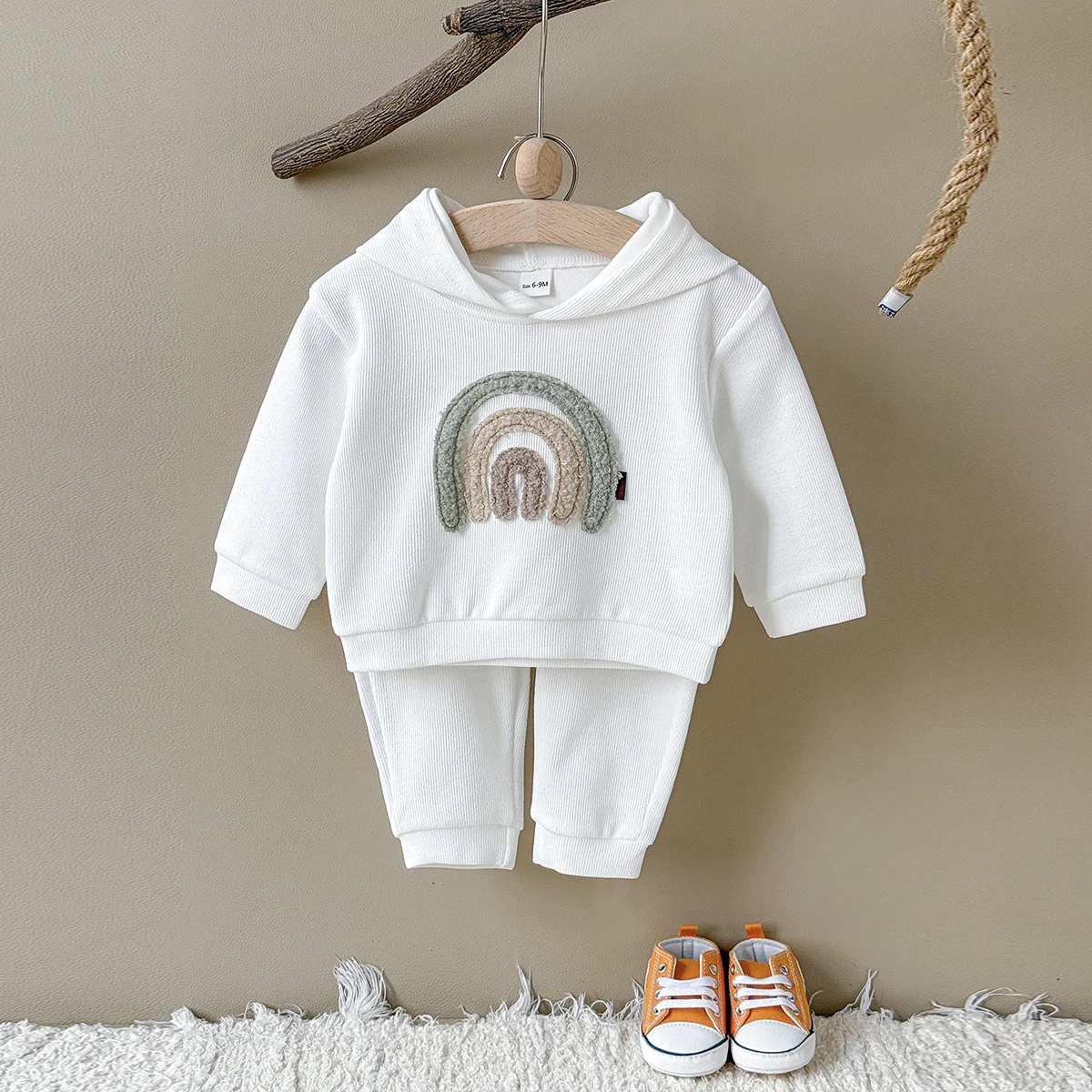 

Baby Boys Girls Tracksuit Set Spring Autumn Casual Rainbow Patch Hoodie White Trousers 2-Piece Fashion Korean Style Outfit