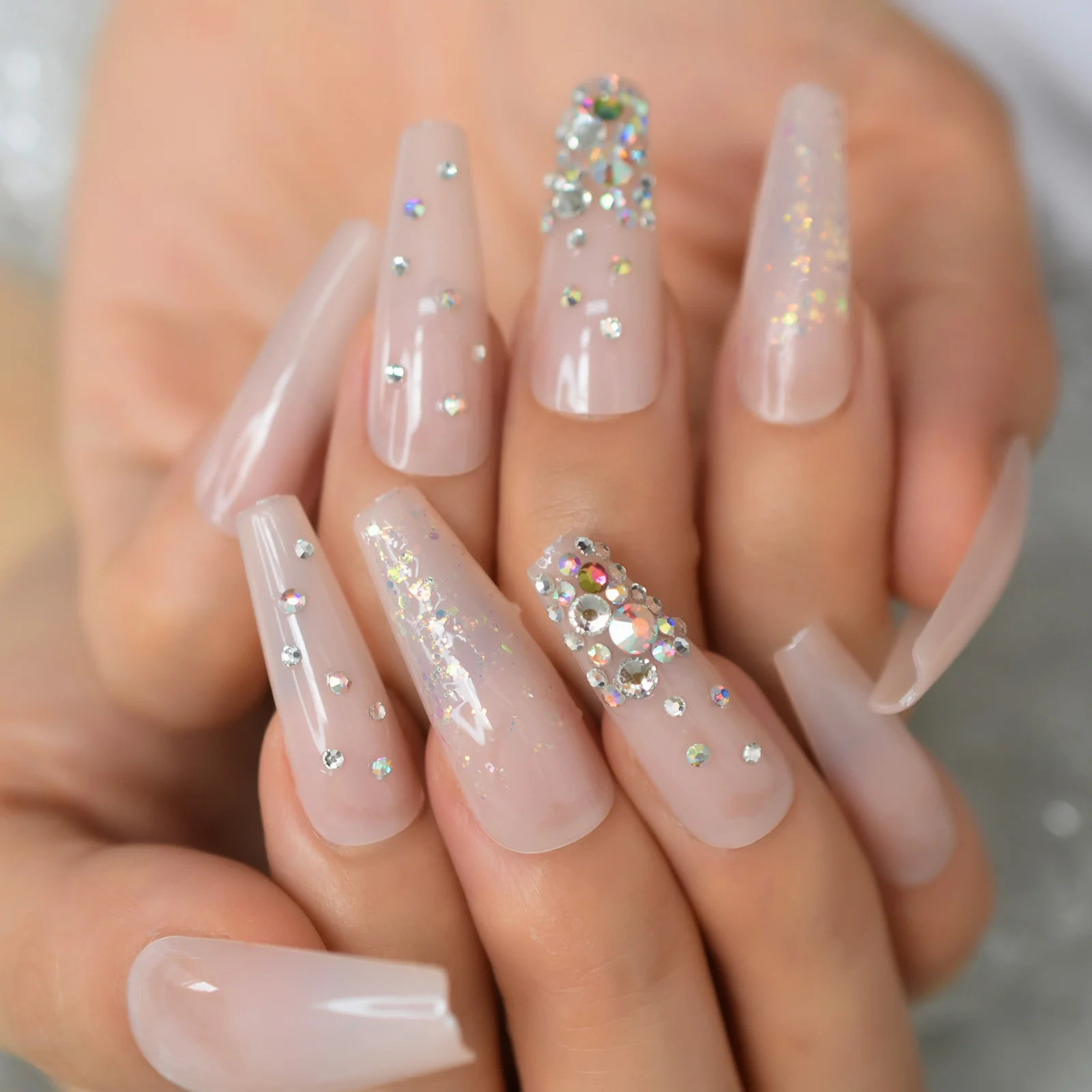 Super Lange 3D Kristallen Edelstenen Druk op Nagels Glanzende Glitter Jelly Roze Naakt Franse Ballerina Doodskist Valse Fake Finger Wear UV Nagels