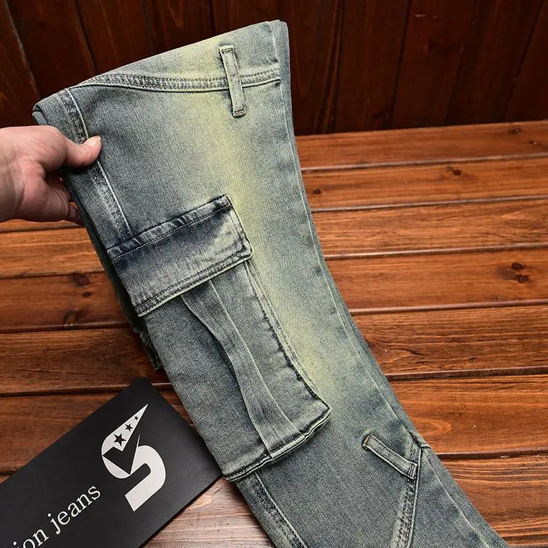 Jeans Retro Kelas Atas untuk Pria Celana Panjang Nostalgia Sepeda Motor Kasual Fashion Elastis Trendi Bergaya Skinny Slim Fit