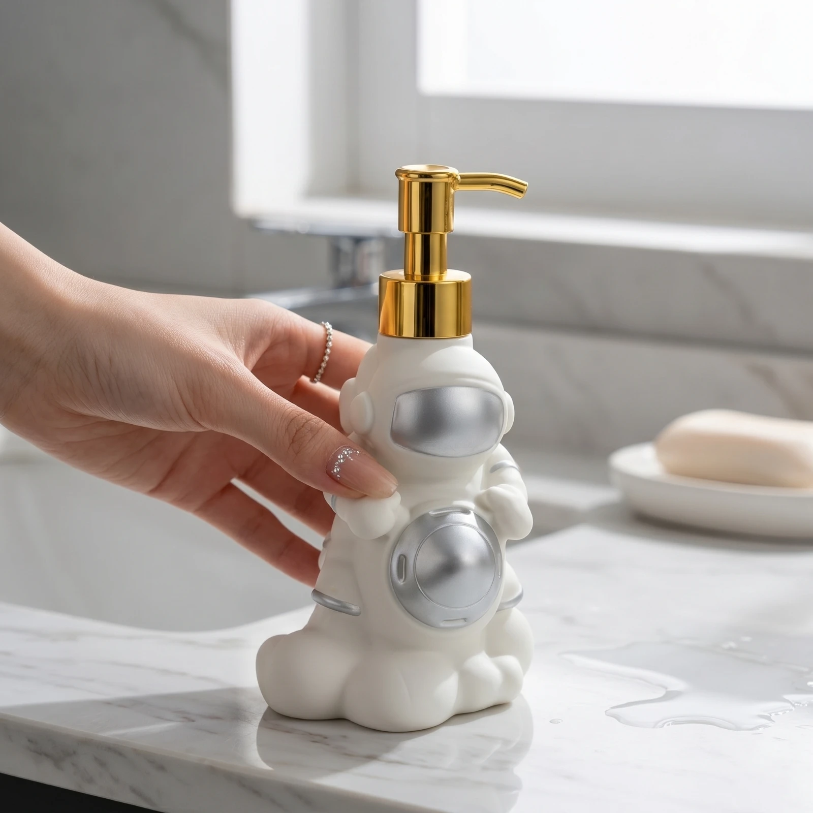 

Astronaut Soap Dispenser Silver-Toned Silver Accents Liquid Soap Dispenser Sanitizer Bottle White Bathroom Decor Press Pump