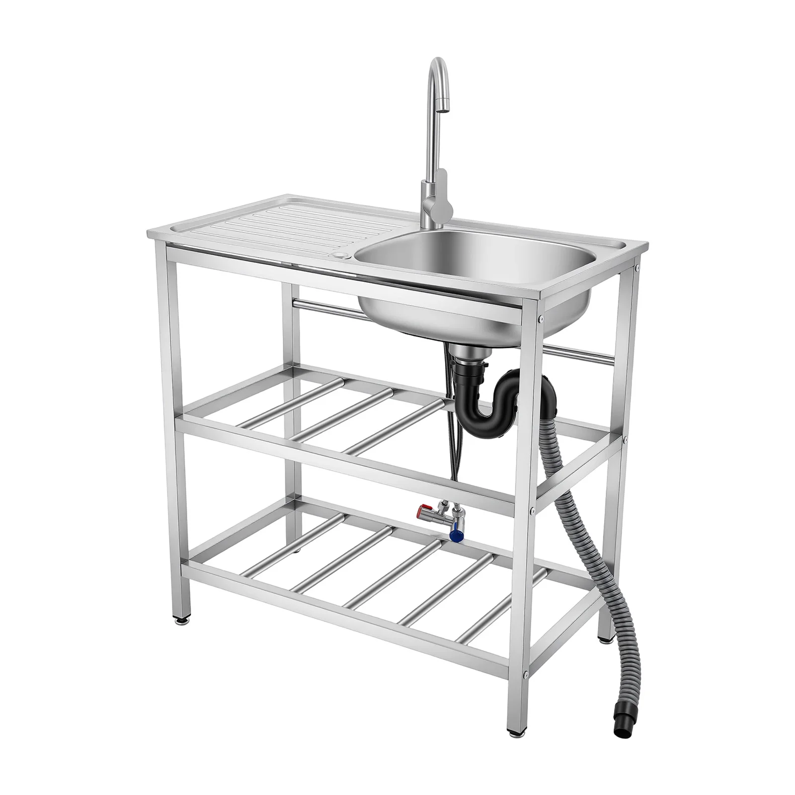 Kitchen Sink, Outdoor Utility Sink Set, Freestanding Stainless Steel Wash Basin with Double Storage Shelf, 75x40x78cm, Hot and Cold Faucet, Adjustable Feet, All-Steel Drain, Easy Assembly for Laundry, Restaurant, Garage, Heavy Duty