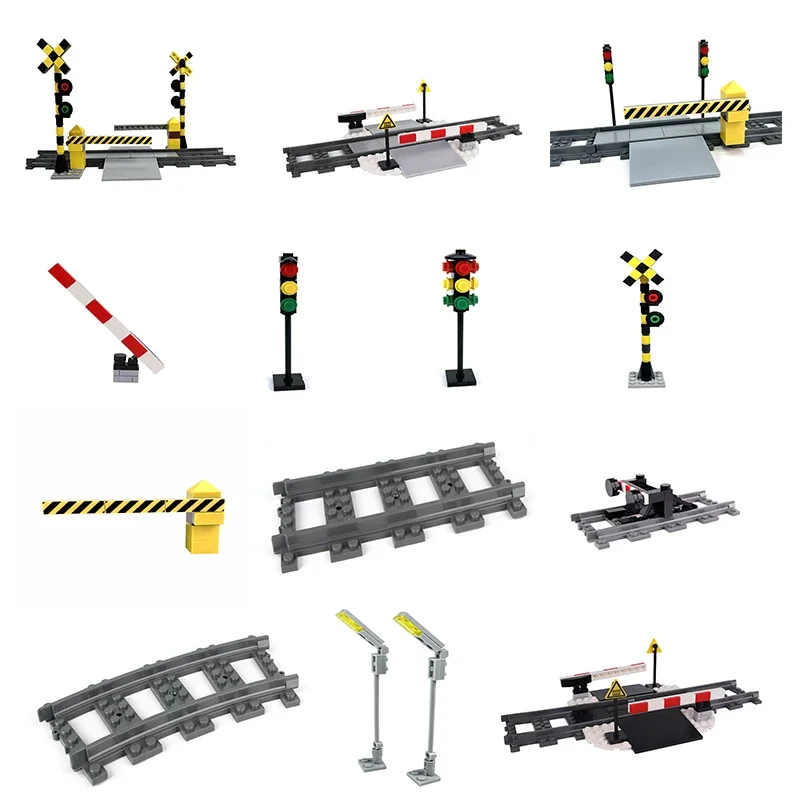 MOC City Train Station Bridge Model Bricks Signs Signal Lights Building Blocks Train Tracks Track Rails Straight Curved  Railway