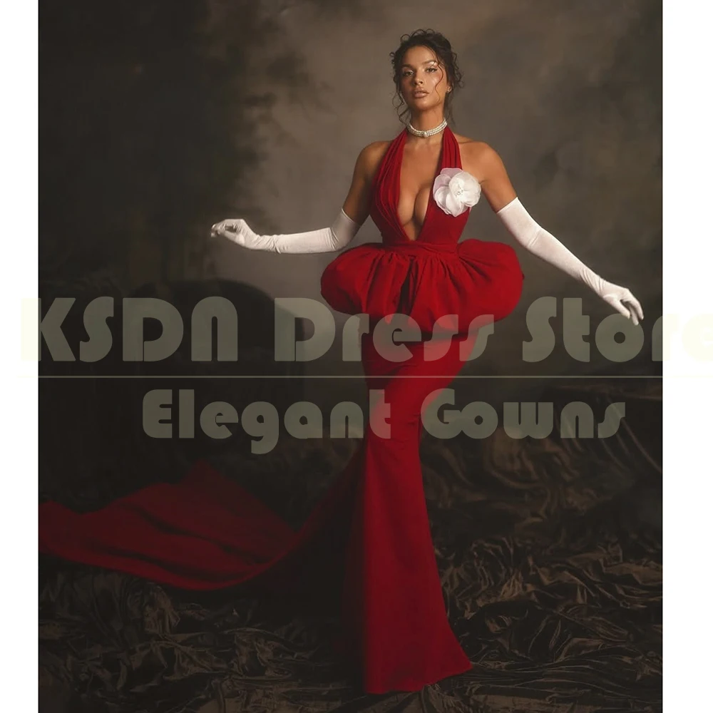 

Sexy Deep V-Neck Prom Dresses Red Sleeveless Chapel Train Mermaid Luxury Pleat Customized Party Long Dress Vestidos 2025