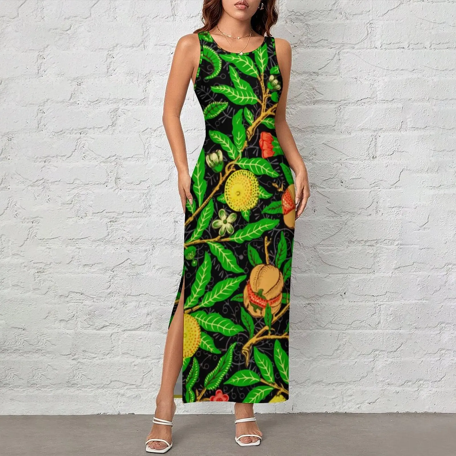Tropical Fruit Dress Sleeveless Green Leaves Print Elegant Maxi Dresses Spring Street Wear Pattern Bodycon Dress Large Size