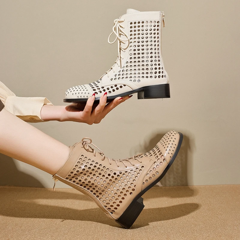 

Women's new spring and summer genuine leather cowhide round toe, large heel, zipper strap, hollow hole short boots, cool boots