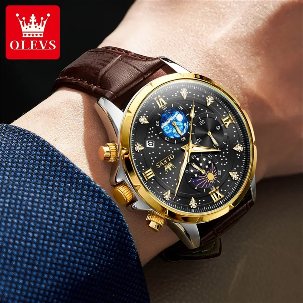 Olevs 9807 relógios masculinos relógio de quartzo original para homem multifuncion cronógrafo aço inoxidável à prova dwaterproof água luminosa reloj hombre