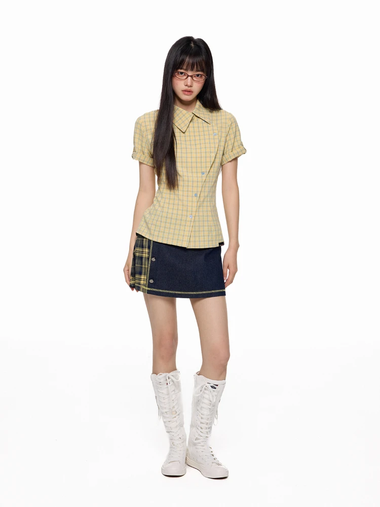 

JIKOO Blue Plaid Slimming ort Sve irt Women's Summer Miu Sle Color Blo Plaid irt Breathable Thin Polyester Cotto...
