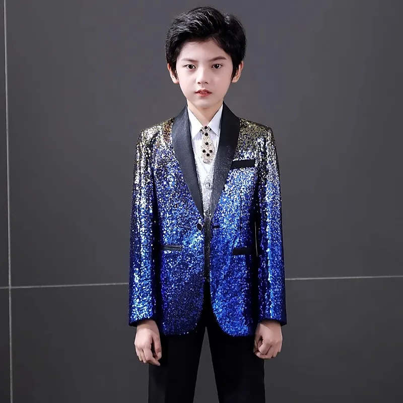 

Блестящий синий костюм с пайетками для мальчиков 3-16 лет, модный комплект из 3 предметов для выступлений, костюм для мальчиков на день рождения, пиджак, брюки, жилет