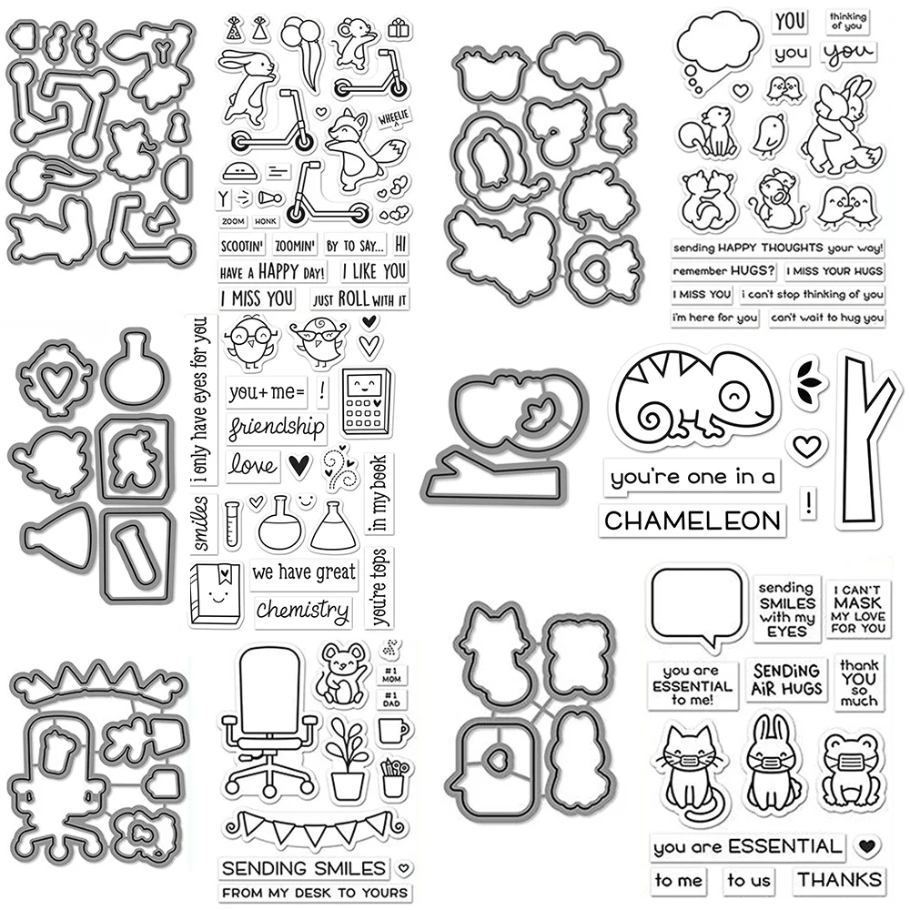 Rabbit,Fox,Squirrel,Scooter,Balloons and Party Elements Friendship Theme Metal Cutting Dies and Clear Stamp For DIY Craft Making