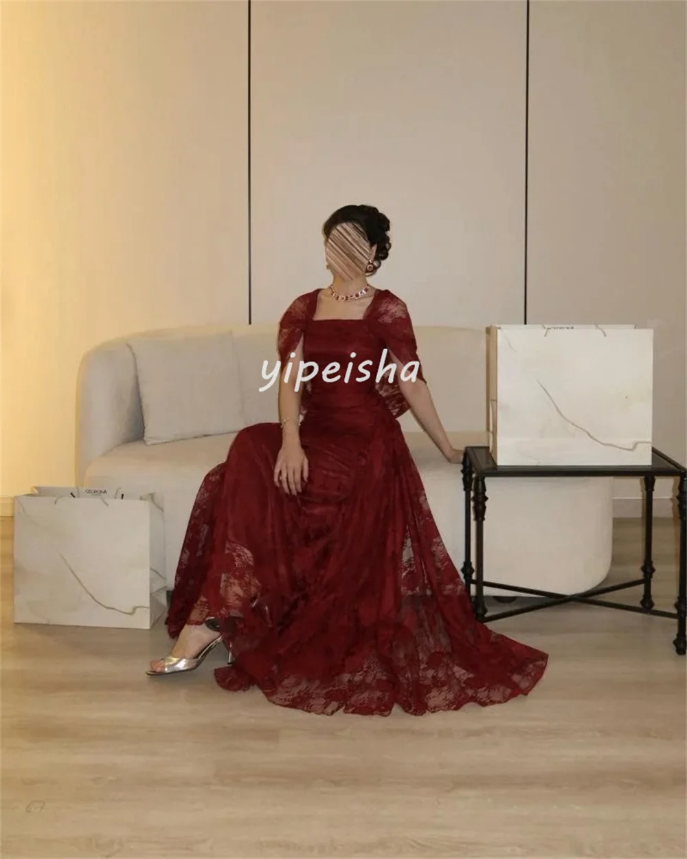 Customized Exquisite Classic Lace Pleat Ruched A-line Square Neck Long Dresses Evening Dresses Casual Sizes Available Formal 5