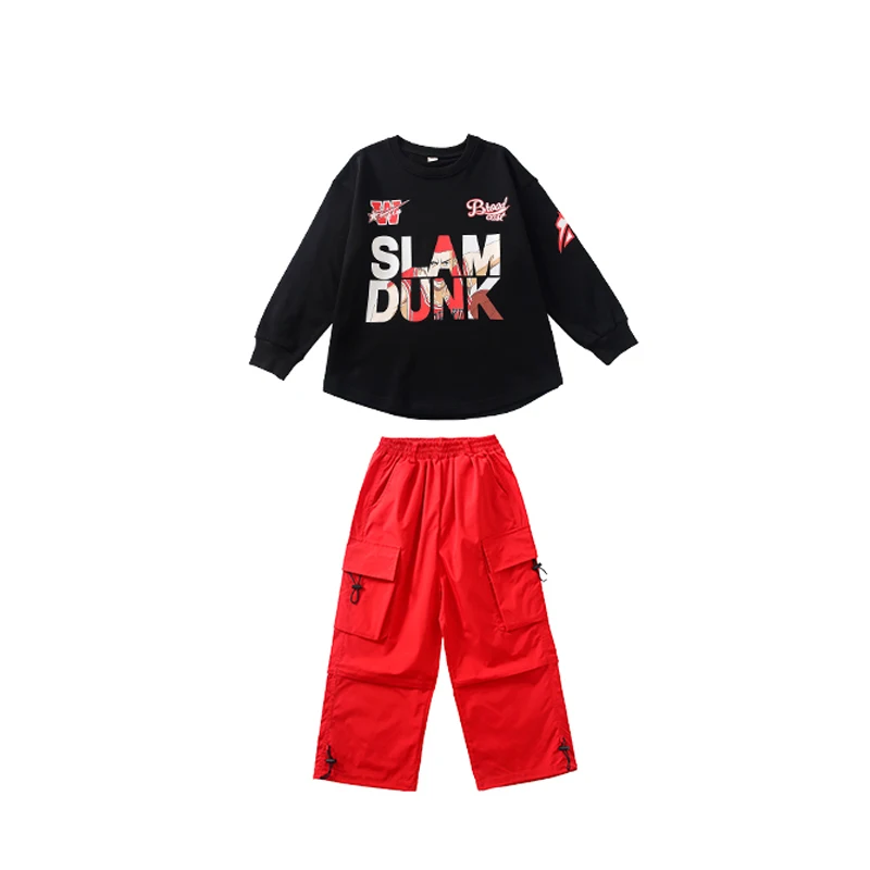 Trajes de baile moderno de Jazz para niños, Sudadera negra, pantalones Cargo rojos, traje para niñas, ropa de baile de Hip Hop para Rave, DQS14187, 2023