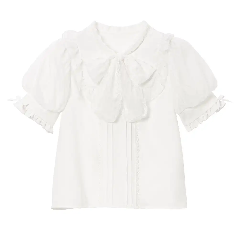 Summer Women's Shirt 2023 New Japanese Style Short Sleeve Shirts Female Loose Slimming Bow Solid Color Sweet Lady Elegant Blouse