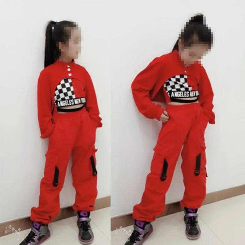 Street Dance Show Performance Clothing 110-180cm 3 Pieces/ Set Girls Jazz Dance Clothes Children Hip Hop Red Suit Modern