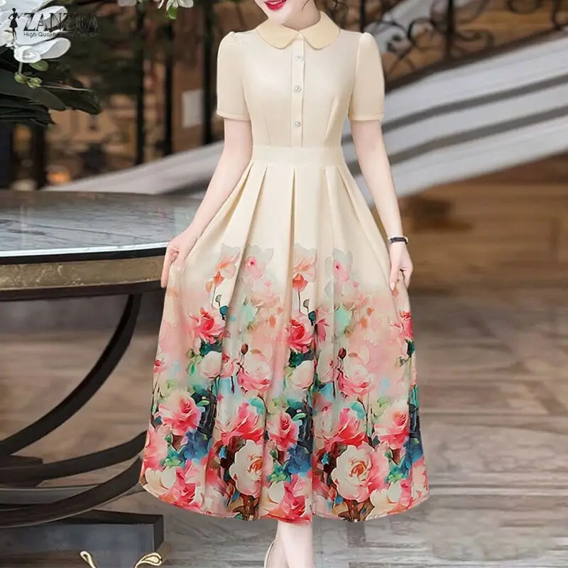 

ZANZEA Elegant Foral Printing Midi Dresses Women's Peter-Pan Collar Short Sleeve High Waisted A-Line Party Dress Woman Clothes