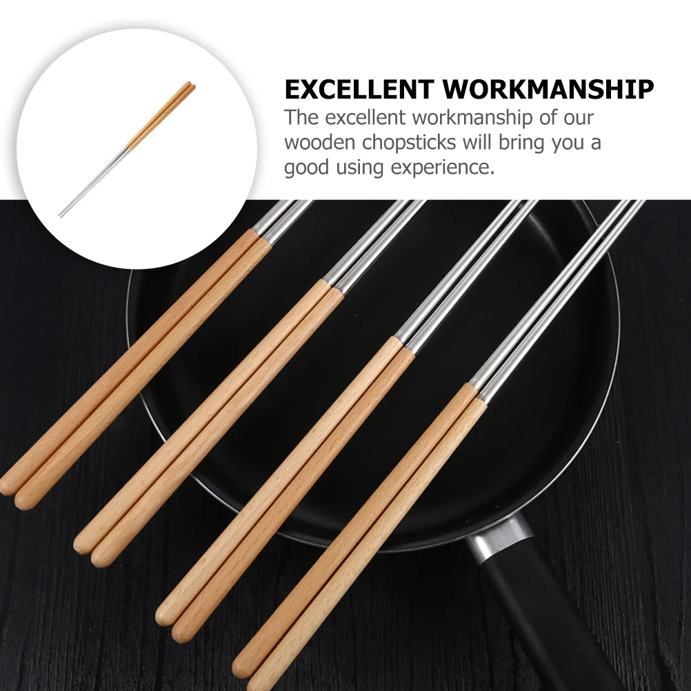 2 Pairs Chinese Long Chopsticks Stainless Steel Frying Serving Utensils Wooden Korean Reusable